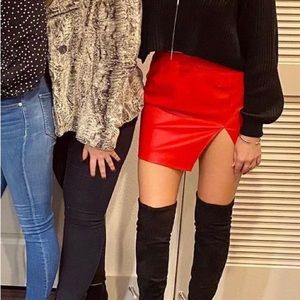 Superdown bright red high slit faux leather skirt size small